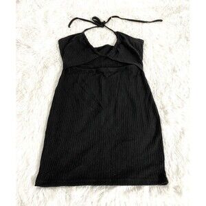 Wdirara Women's Bodycon Mini Dress Ribbed Knit Size M Black Strapless Cut Out